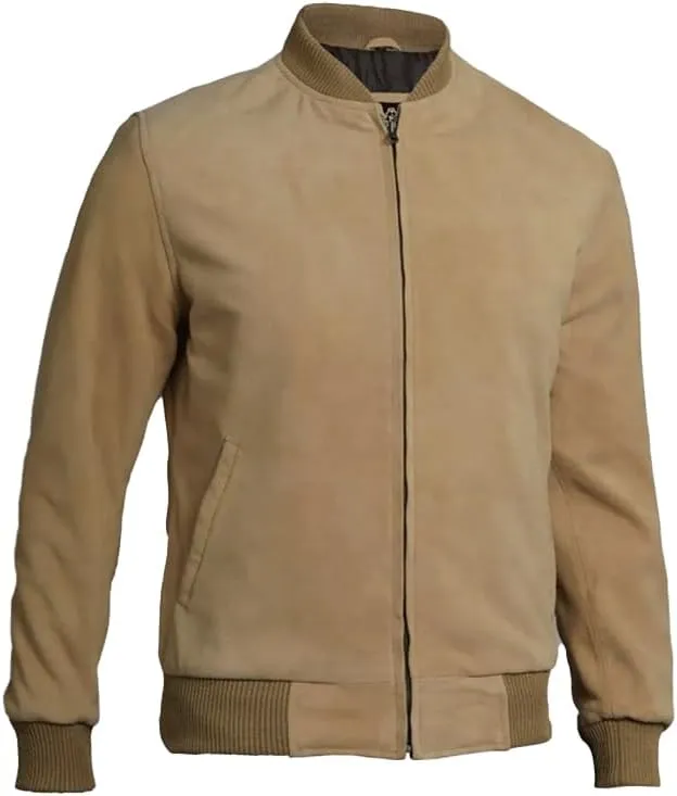 Classic Bomber Jacket, Men's Suede Leather, Khaki, Ribbed Collar and Cuffs