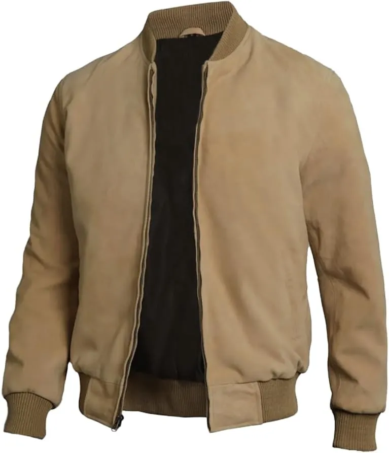 Classic Bomber Jacket, Men's Suede Leather, Khaki, Ribbed Collar and Cuffs