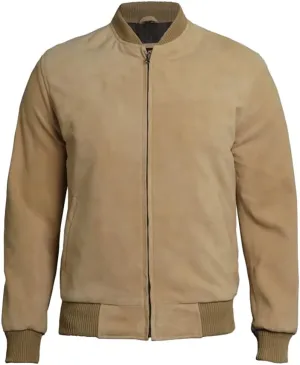 Classic Bomber Jacket, Men's Suede Leather, Khaki, Ribbed Collar and Cuffs