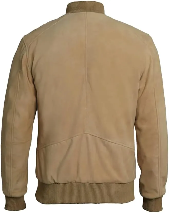 Classic Bomber Jacket, Men's Suede Leather, Khaki, Ribbed Collar and Cuffs