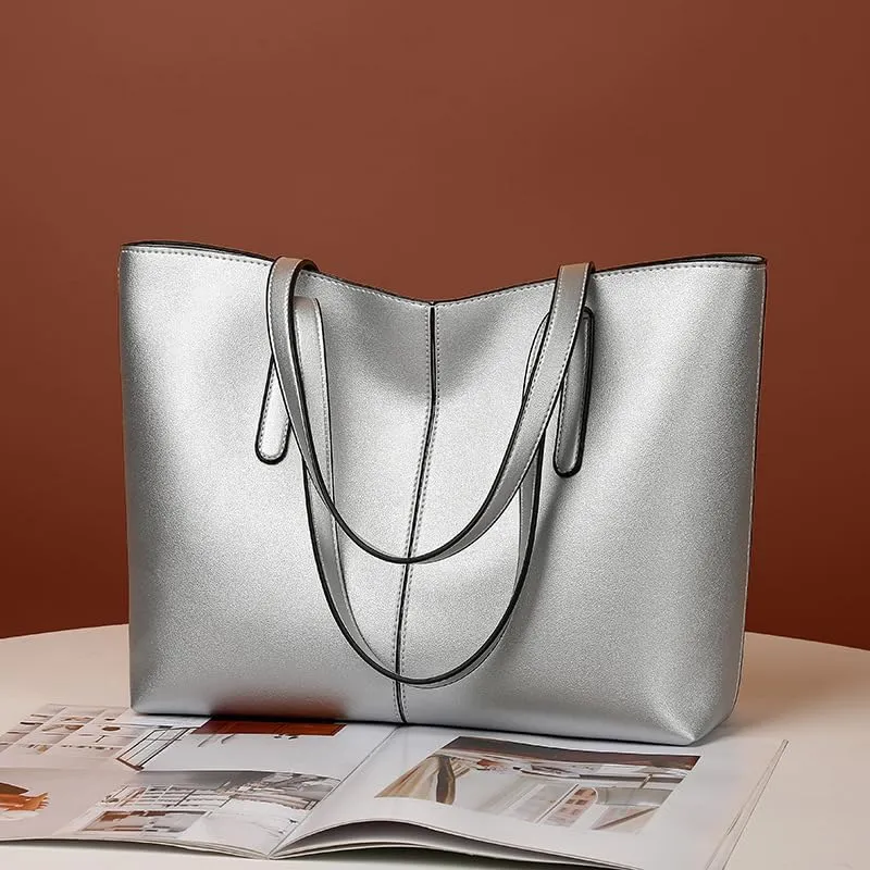 Classic Leather Tote Bag, Large Capacity Shoulder Handbag for Women, Available in Black, Green, Red, Silver