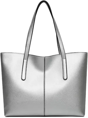 Classic Leather Tote Bag, Large Capacity Shoulder Handbag for Women, Available in Black, Green, Red, Silver