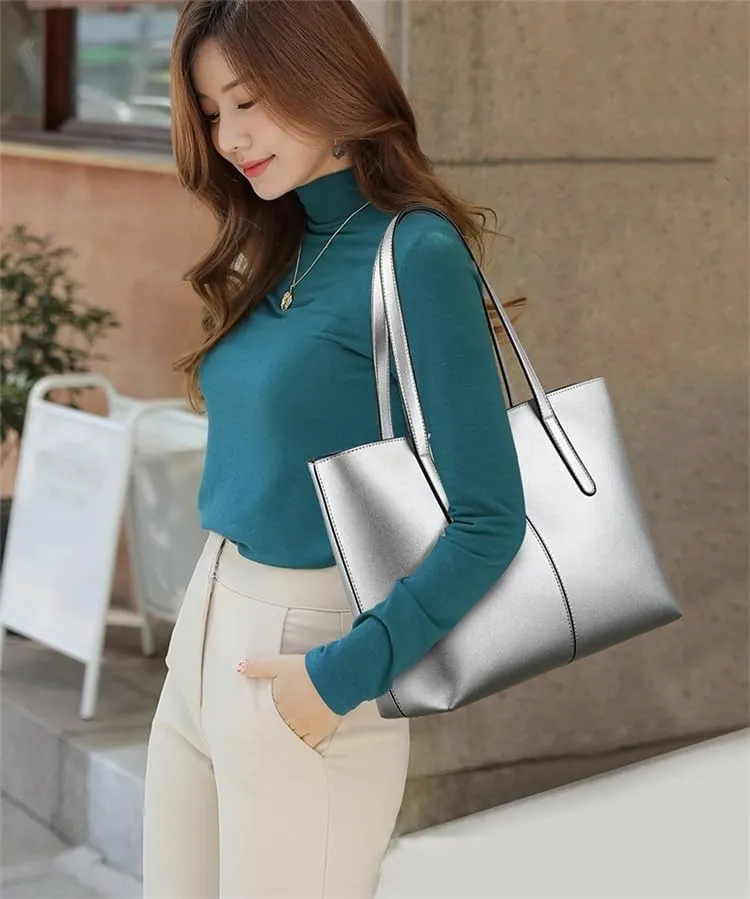 Classic Leather Tote Bag, Large Capacity Shoulder Handbag for Women, Available in Black, Green, Red, Silver