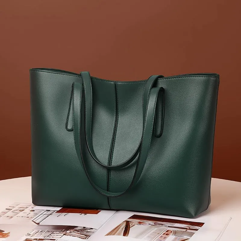 Classic Leather Tote Bag, Large Capacity Shoulder Handbag for Women, Available in Black, Green, Red, Silver