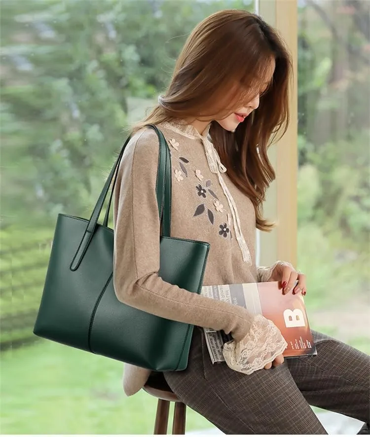 Classic Leather Tote Bag, Large Capacity Shoulder Handbag for Women, Available in Black, Green, Red, Silver