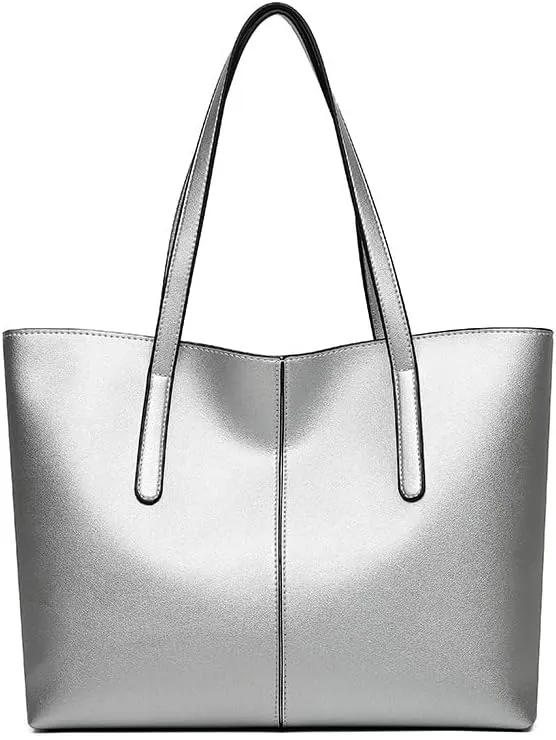 Classic Leather Tote Bag, Large Capacity Shoulder Handbag for Women, Available in Black, Green, Red, Silver