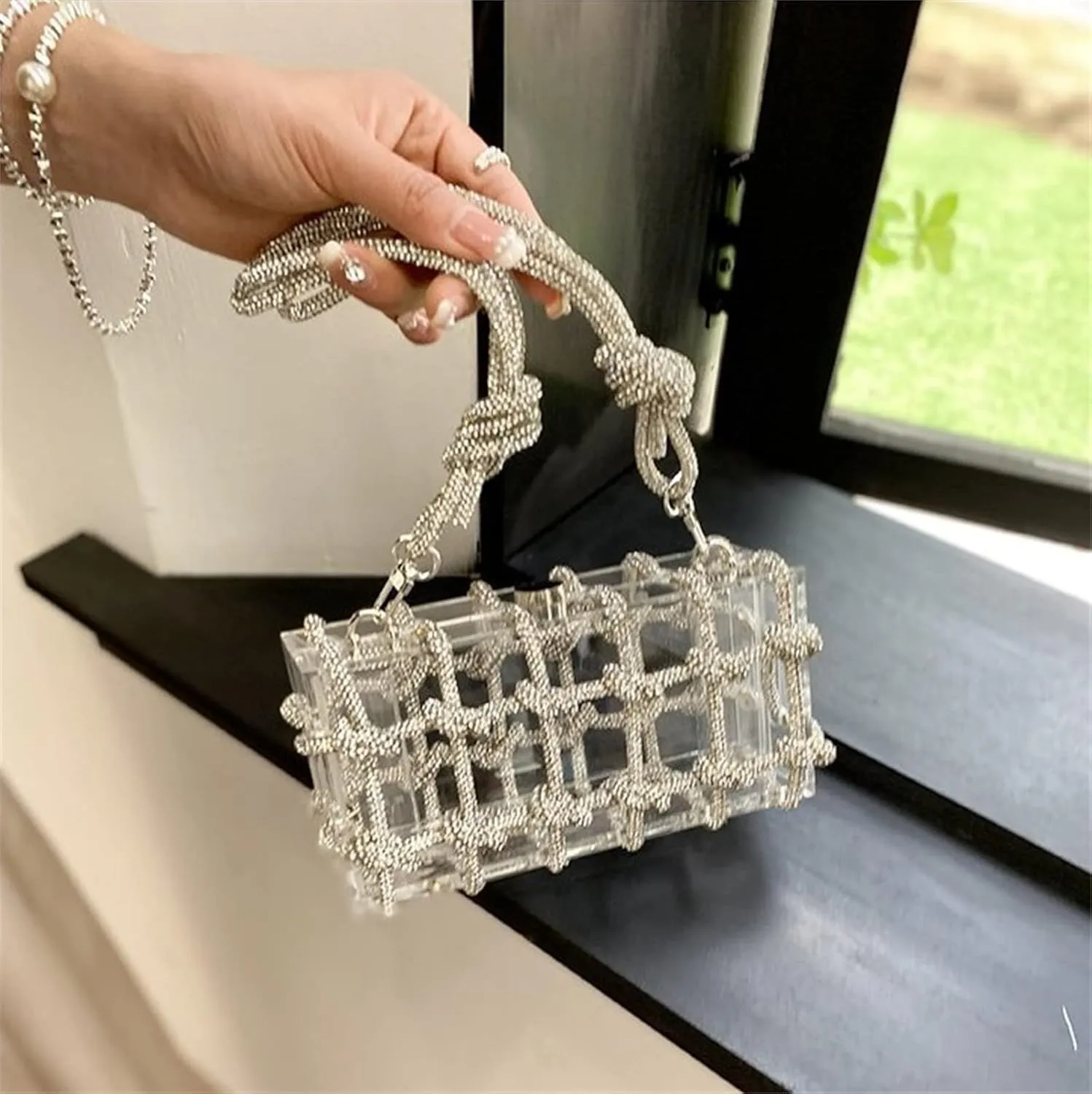Clear Acrylic Rhinestone Purse, Sparkle Evening Clutch, Crystal Embellished Knotted Handbag for Cocktail, Party, Prom