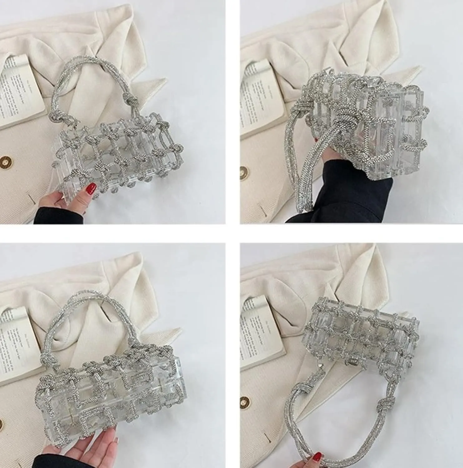 Clear Acrylic Rhinestone Purse, Sparkle Evening Clutch, Crystal Embellished Knotted Handbag for Cocktail, Party, Prom