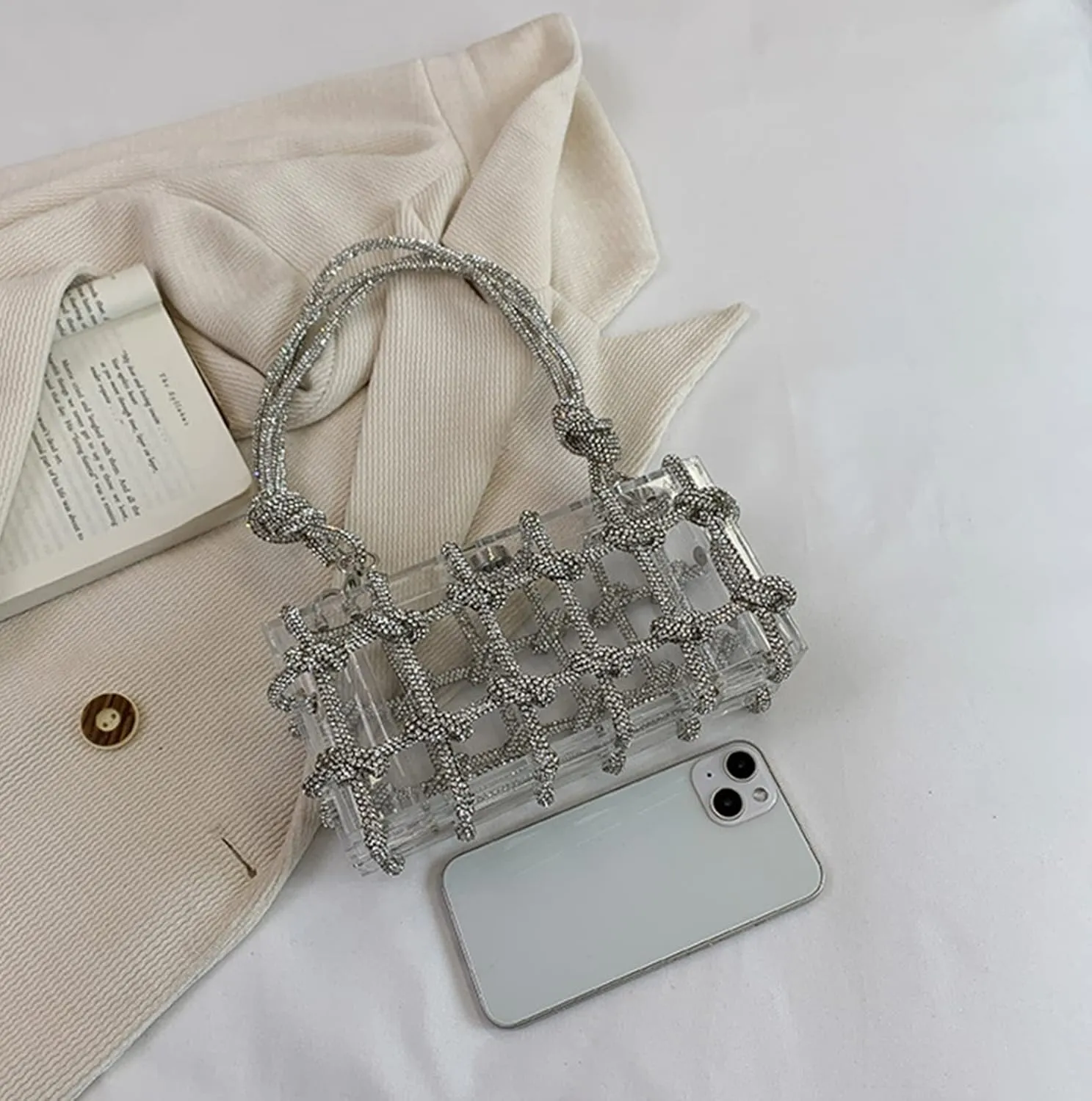 Clear Acrylic Rhinestone Purse, Sparkle Evening Clutch, Crystal Embellished Knotted Handbag for Cocktail, Party, Prom