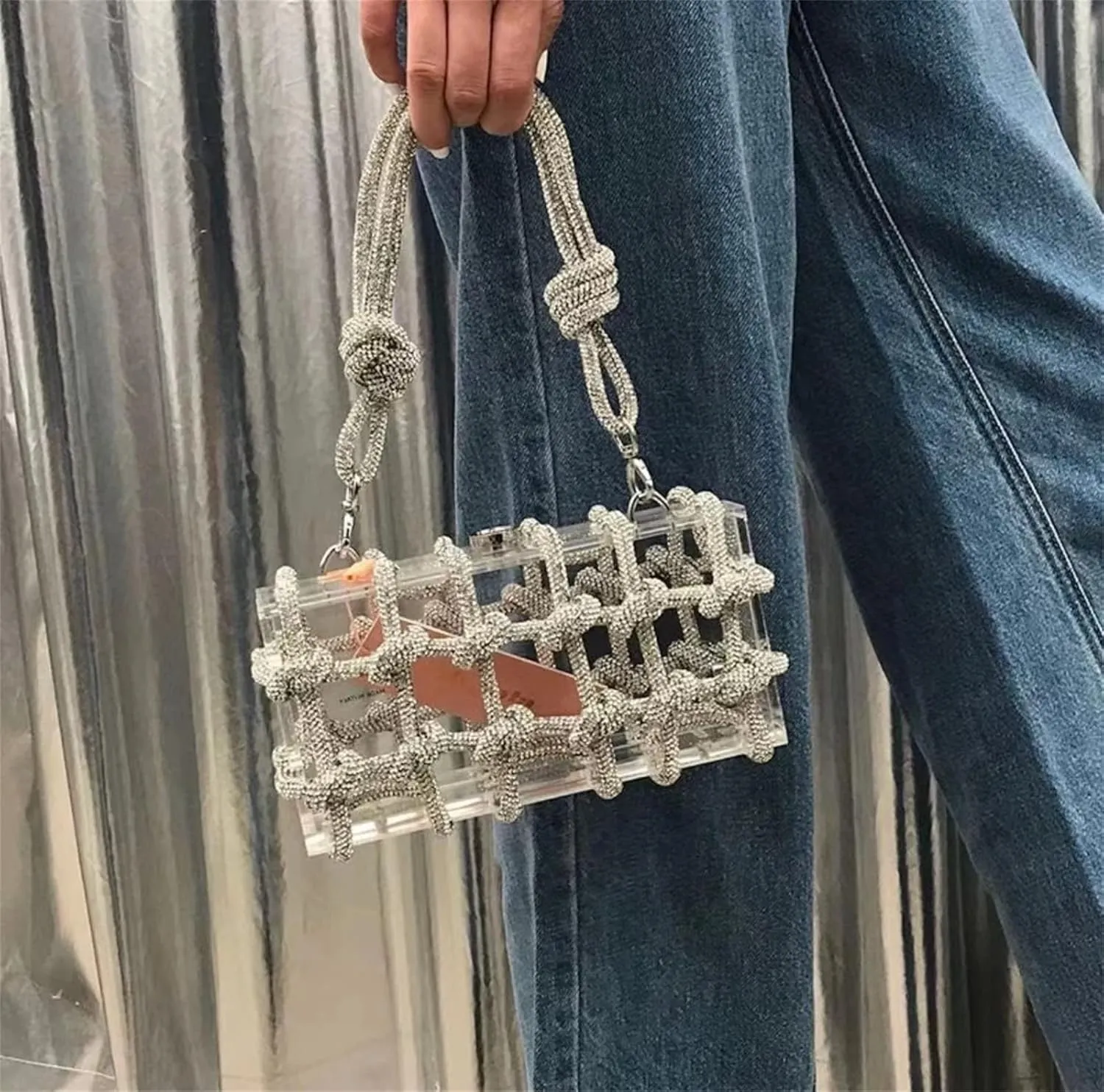 Clear Acrylic Rhinestone Purse, Sparkle Evening Clutch, Crystal Embellished Knotted Handbag for Cocktail, Party, Prom