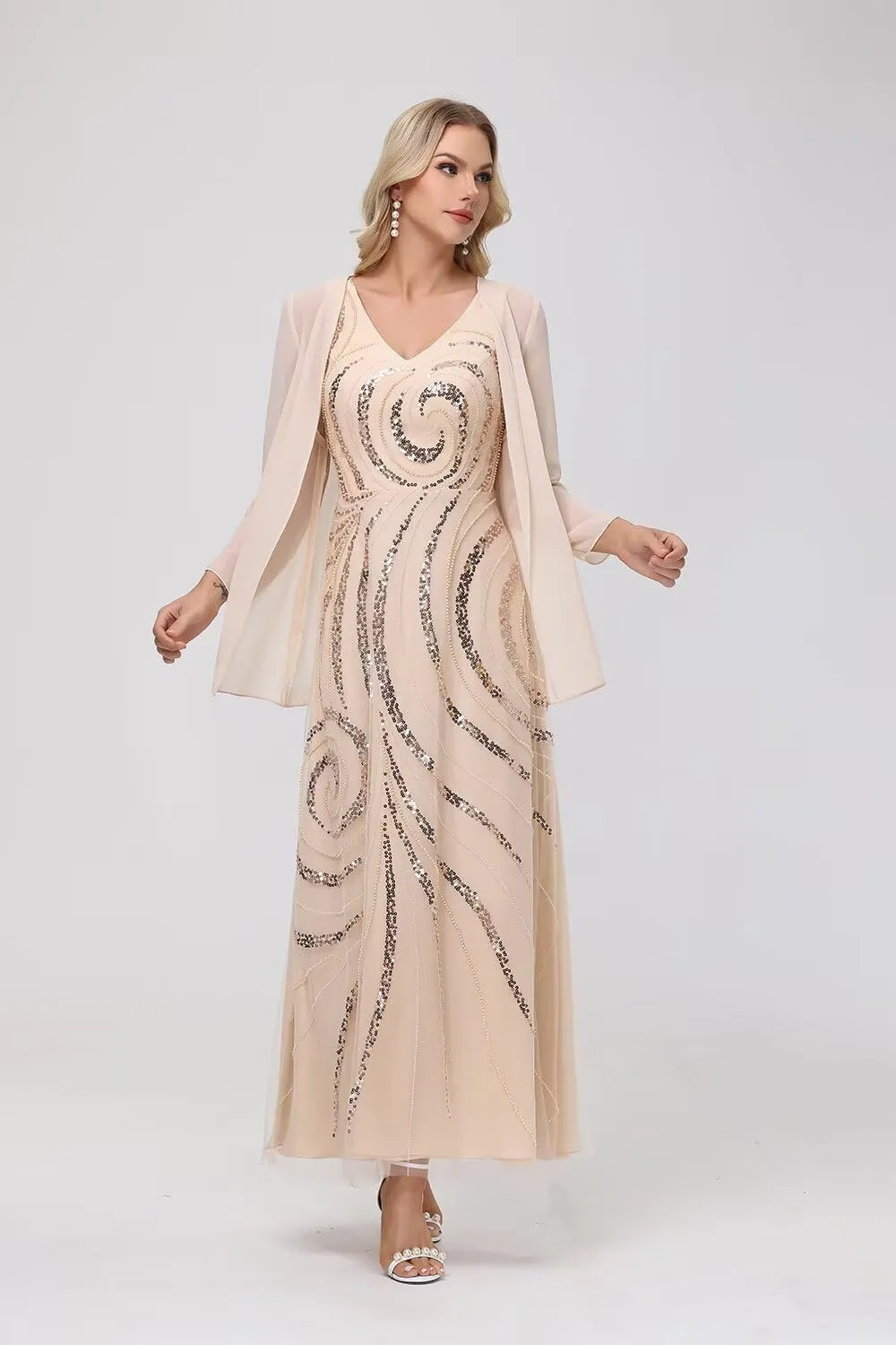 Clothfun Chiffon Long Mother of The Bride Dress 2025 Sequin Wedding Guest Dress with Jacket CY134