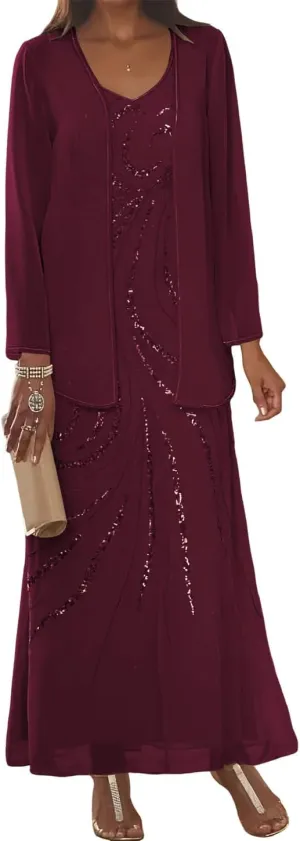 Clothfun Chiffon Long Mother of The Bride Dress 2025 Sequin Wedding Guest Dress with Jacket CY134