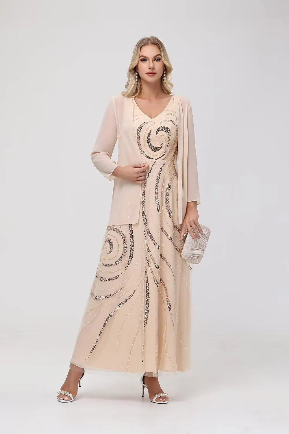 Clothfun Chiffon Long Mother of The Bride Dress 2025 Sequin Wedding Guest Dress with Jacket CY134