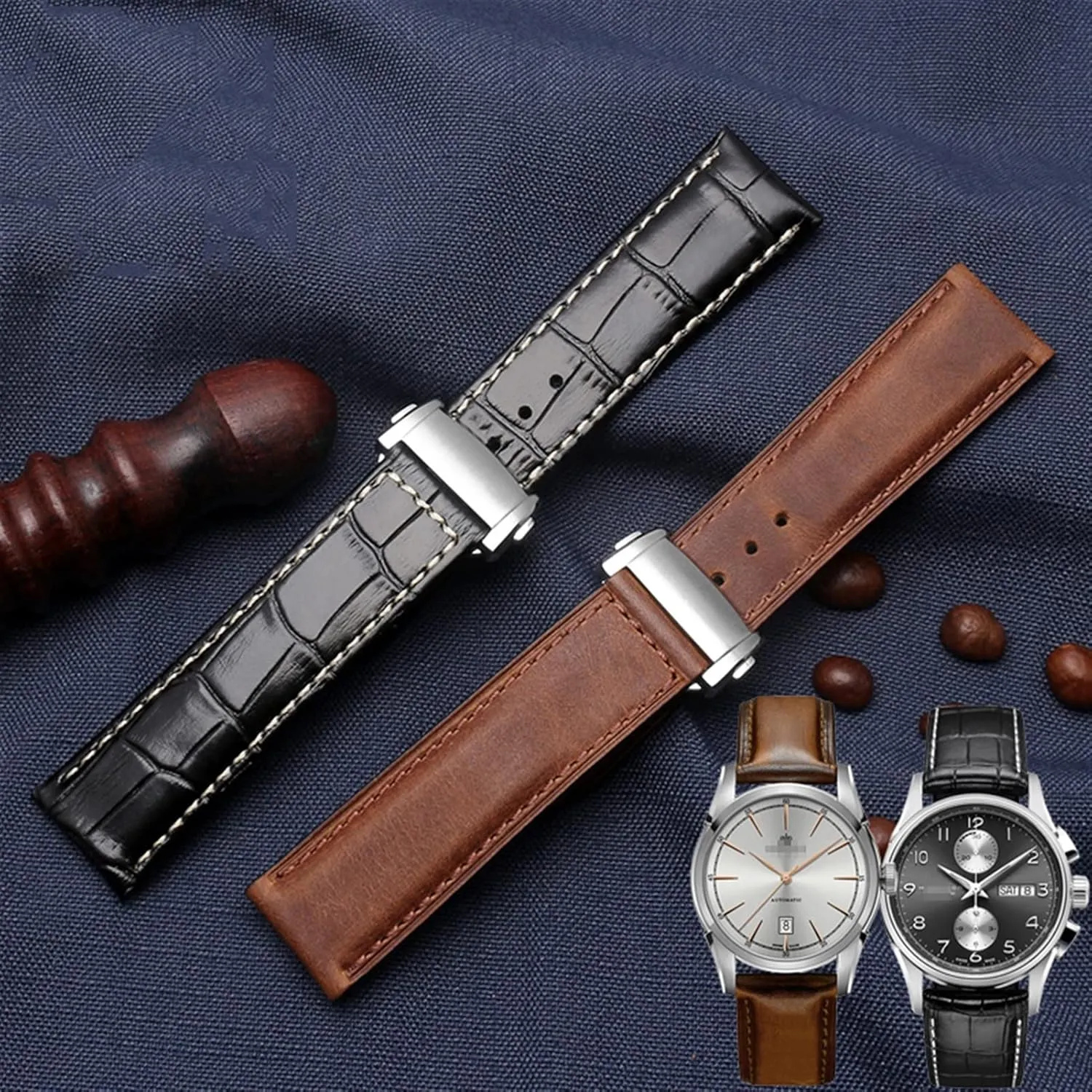 Cowhide Leather Watchband 20mm 22mm Strap Folding Buckle For Hamilton Khaki Aviation Classic Series Men Bracelet