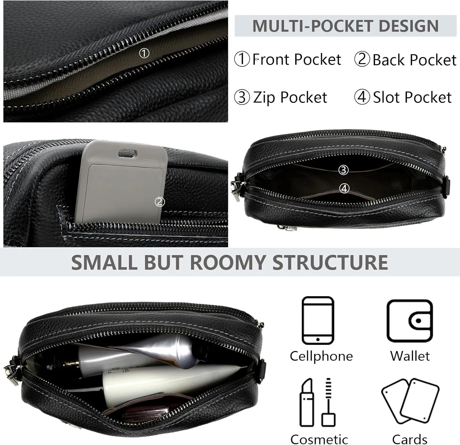 Crossbody Bag for Women Genuine Leather Wide Strap Shoulder Bag Purse Trendy Design Camera Crossbody Purse Top Zip