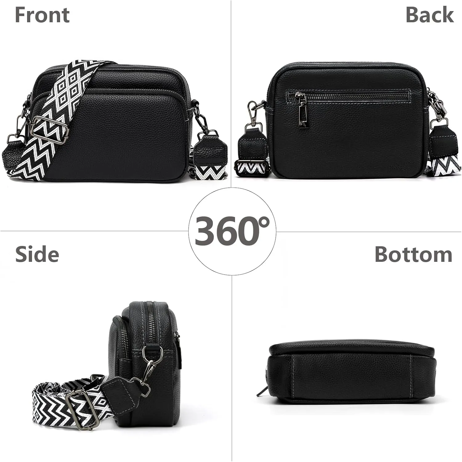 Crossbody Bag for Women Genuine Leather Wide Strap Shoulder Bag Purse Trendy Design Camera Crossbody Purse Top Zip