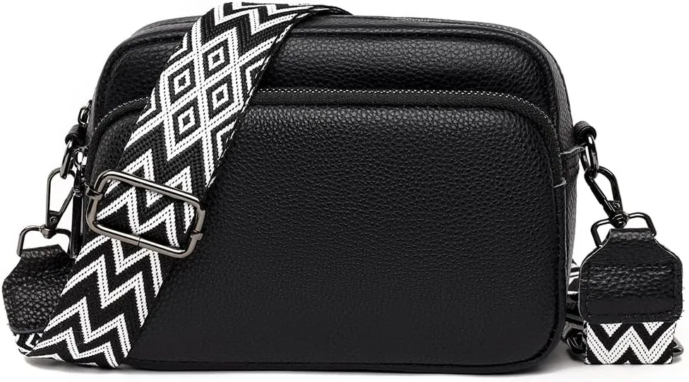 Crossbody Bag for Women Genuine Leather Wide Strap Shoulder Bag Purse Trendy Design Camera Crossbody Purse Top Zip