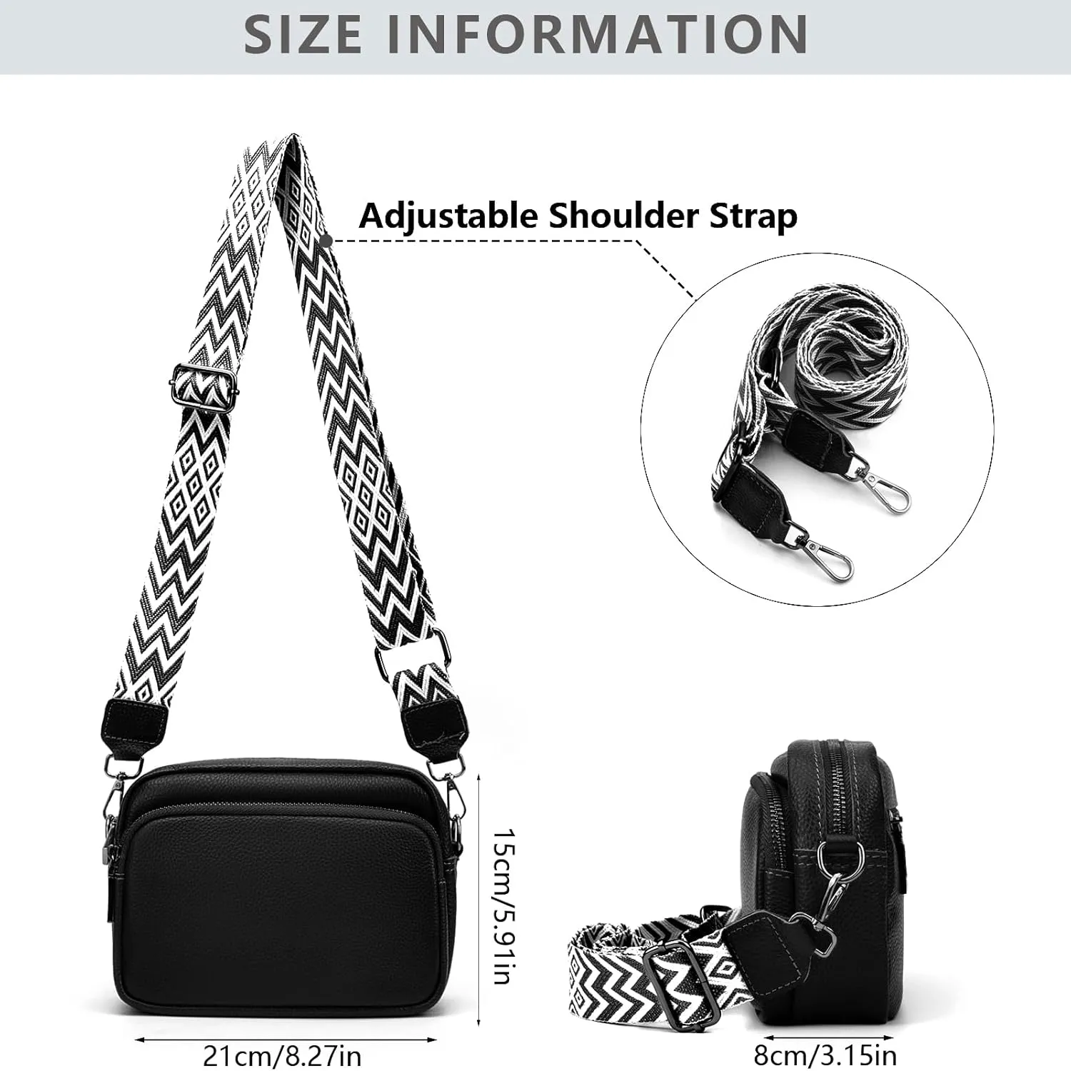 Crossbody Bag for Women Genuine Leather Wide Strap Shoulder Bag Purse Trendy Design Camera Crossbody Purse Top Zip