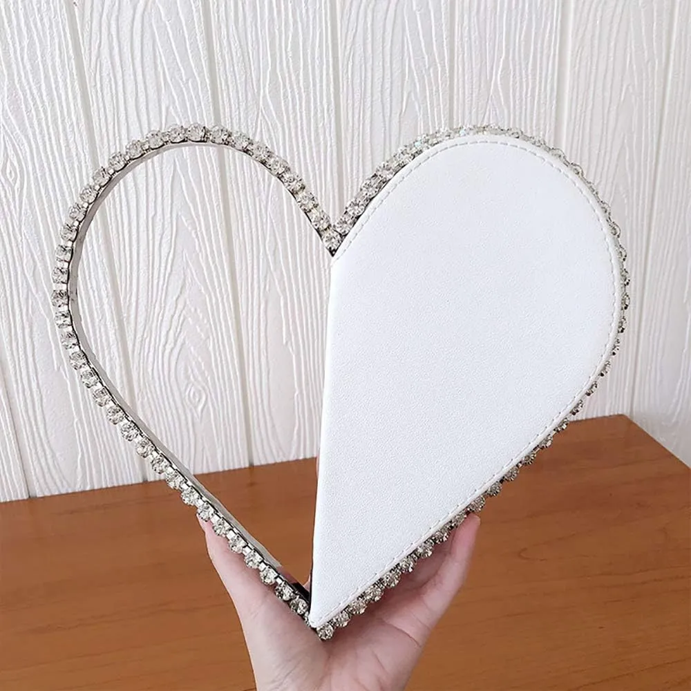 Cute Mini Heart Shape Evening Clutch Bag, Rhinestone Diamond Frame Wedding Party Purse Handbag for Women