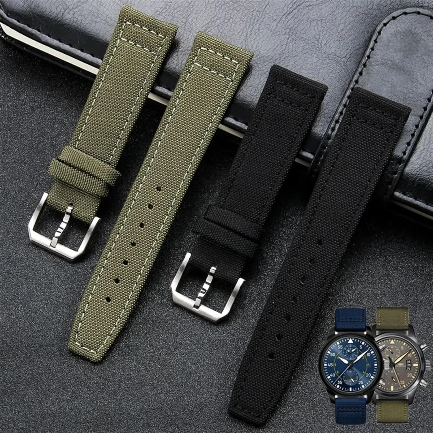 DASEB 20mm 21mm 22mm Nylon Canvas Watchband for IWC PILOT Portugal PORTOFINO Fabric Watch Strap Folding Buckle Cowhide Leather Belt