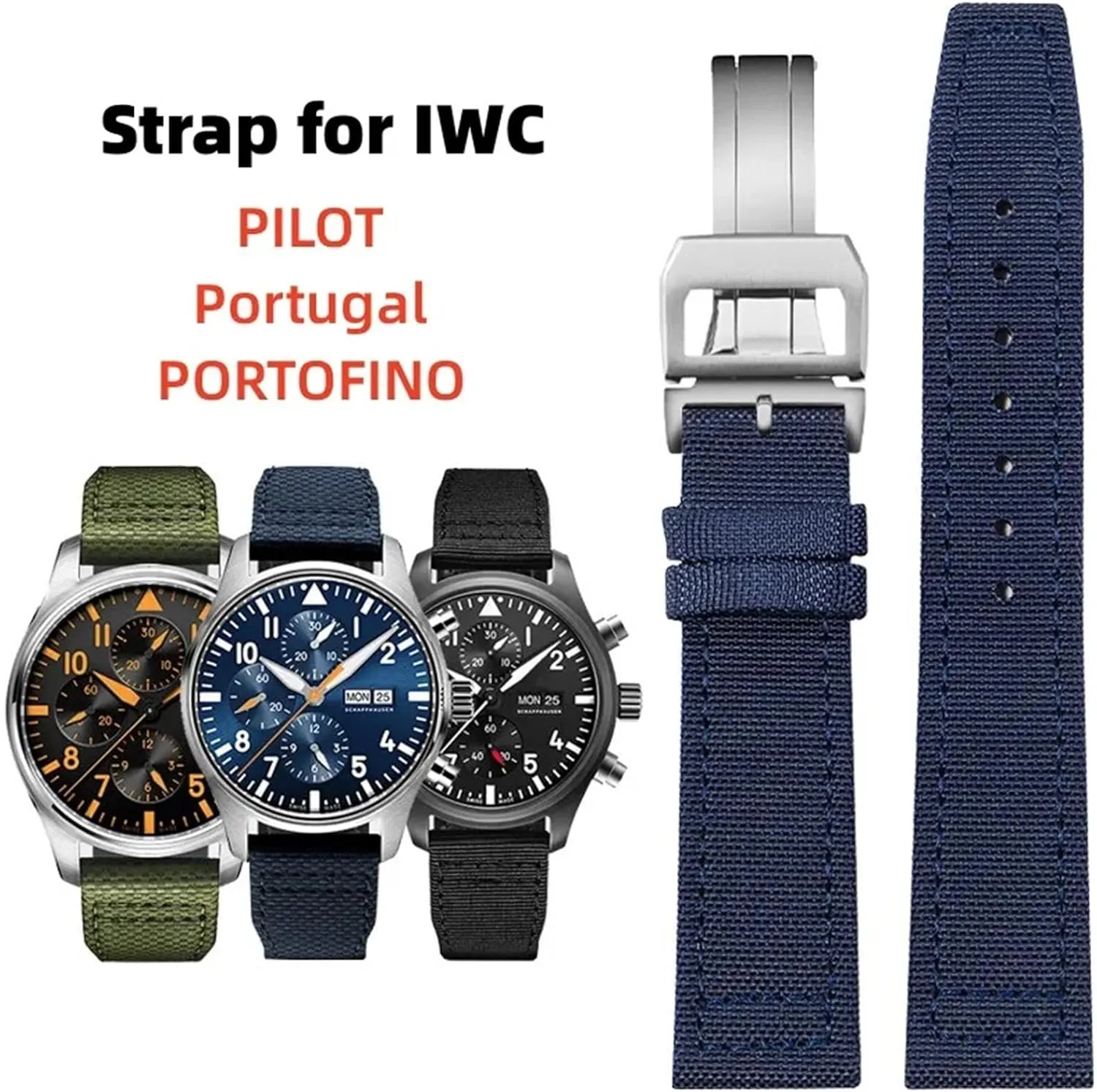 DASEB 20mm 21mm 22mm Nylon Canvas Watchband for IWC PILOT Portugal PORTOFINO Fabric Watch Strap Folding Buckle Cowhide Leather Belt