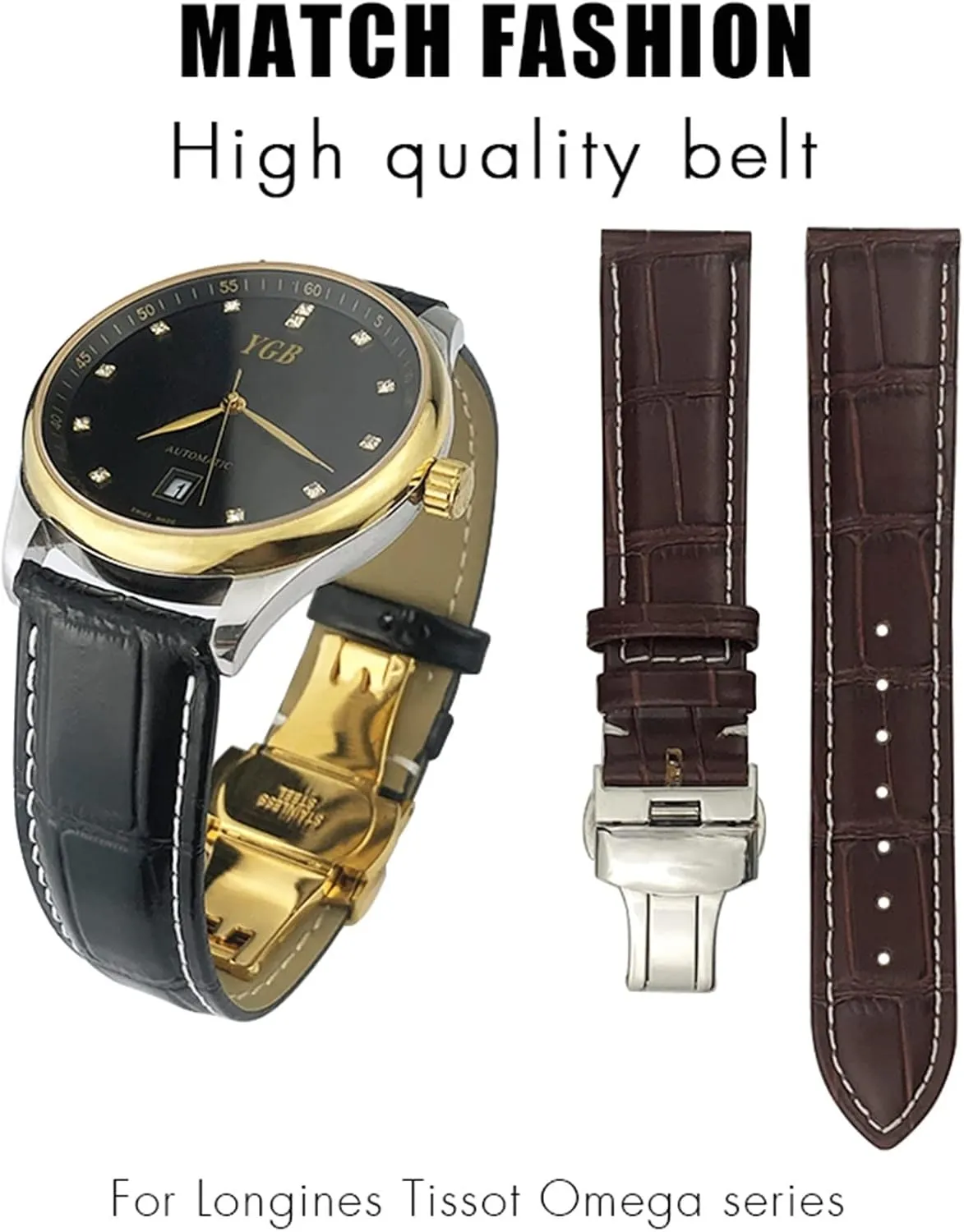 DASEB Calfskin Watchband 20mm 22mm 19mm 21mm Leather Watch Strap Stainless Steel Butterfly Buckle