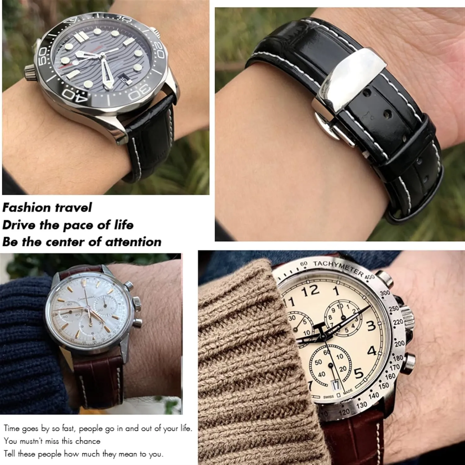 DASEB Calfskin Watchband 20mm 22mm 19mm 21mm Leather Watch Strap Stainless Steel Butterfly Buckle