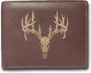 Deer Buck Antlers Skull Hunting Cowhide Leather Laser Engraved Engraving Slimfold Mens Large Capacity Luxury Wallet Purse Minimalist Sleek Slim Brown Credit Card Holder Organizer 14 Pocket with RFID