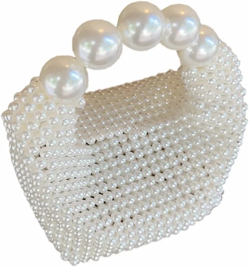 DJBM Women Handmade Pearl Beaded Clutch Bucket Evening Handbag Acrylic Pearl Purse for Party Wedding