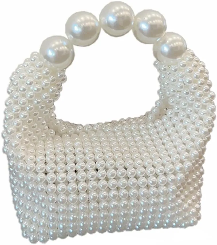 DJBM Women Handmade Pearl Beaded Clutch Bucket Evening Handbag Acrylic Pearl Purse for Party Wedding