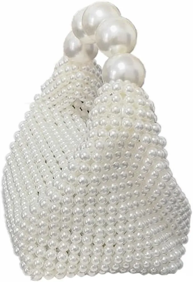 DJBM Women Handmade Pearl Beaded Clutch Bucket Evening Handbag Acrylic Pearl Purse for Party Wedding