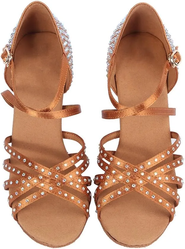 DKZSYIM Women Latin Dance Shoes Rhinestone Ballroom Salsa Performance Dancing Shoes,Model 404