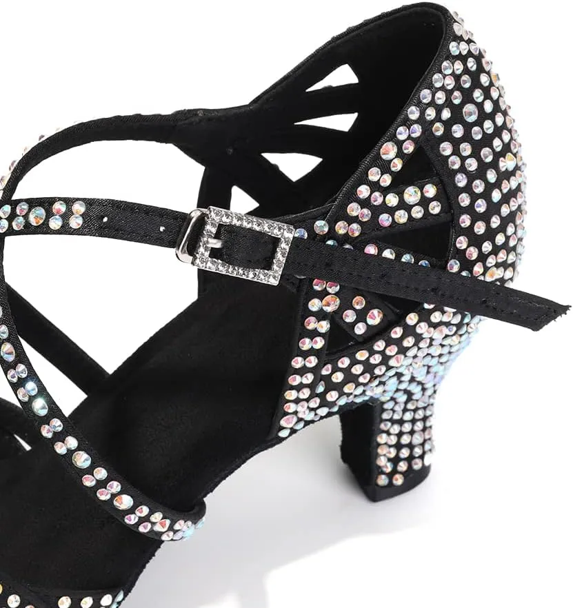 DKZSYIM Women's Satin Latin Dance Shoes Rhinestone Ballroom Salsa Performance Practice Dancing Shoes,Model YCL380