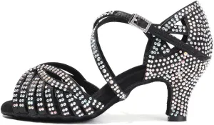 DKZSYIM Women's Satin Latin Dance Shoes Rhinestone Ballroom Salsa Performance Practice Dancing Shoes,Model YCL380