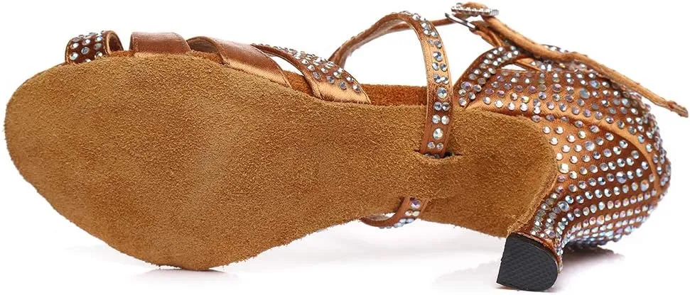 DKZSYIM Women's Satin Latin Dance Shoes Rhinestone Ballroom Salsa Performance Practice Dancing Shoes,Model YCL380
