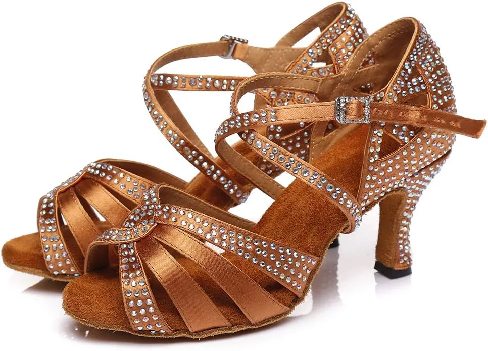 DKZSYIM Women's Satin Latin Dance Shoes Rhinestone Ballroom Salsa Performance Practice Dancing Shoes,Model YCL380