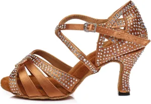 DKZSYIM Women's Satin Latin Dance Shoes Rhinestone Ballroom Salsa Performance Practice Dancing Shoes,Model YCL380