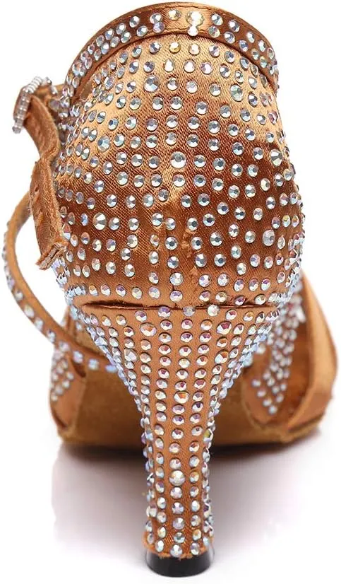 DKZSYIM Women's Satin Latin Dance Shoes Rhinestone Ballroom Salsa Performance Practice Dancing Shoes,Model YCL380