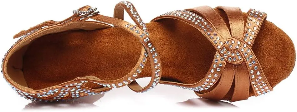 DKZSYIM Women's Satin Latin Dance Shoes Rhinestone Ballroom Salsa Performance Practice Dancing Shoes,Model YCL380