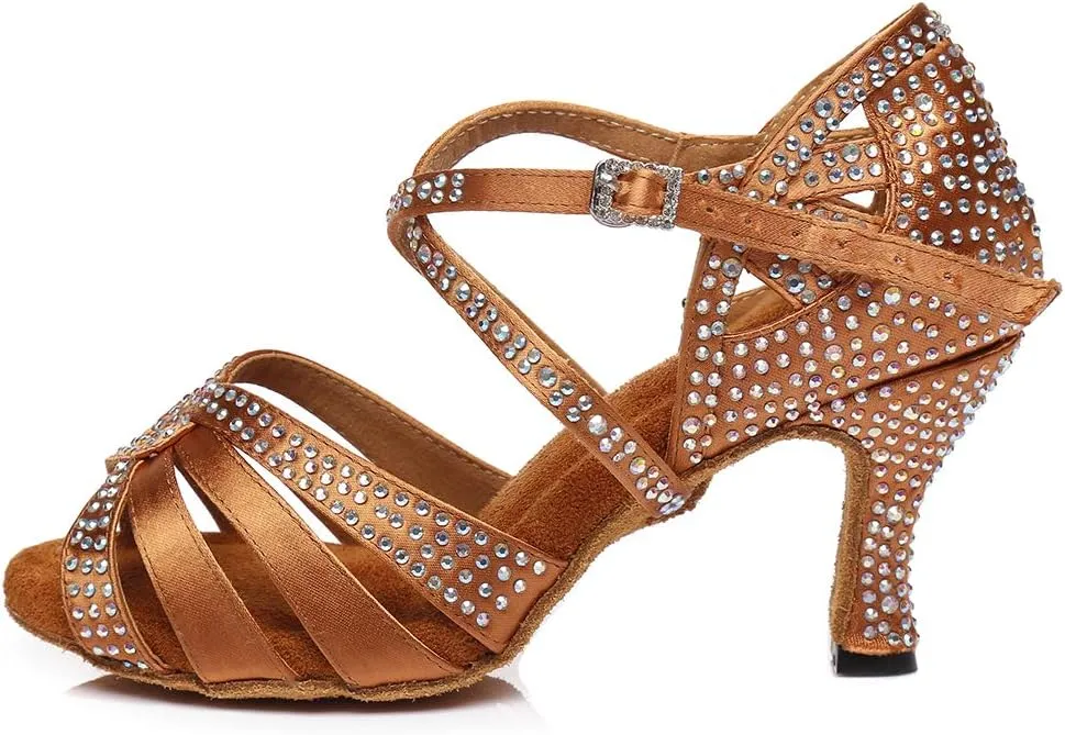 DKZSYIM Women's Satin Latin Dance Shoes Rhinestone Ballroom Salsa Performance Practice Dancing Shoes,Model YCL380