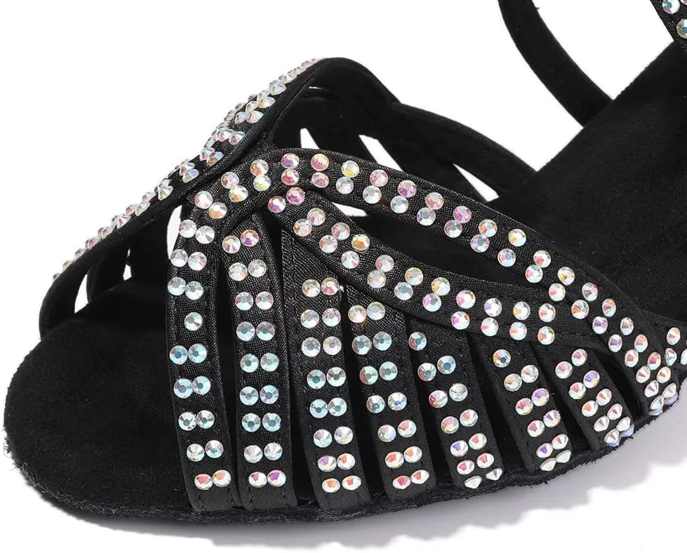 DKZSYIM Women's Satin Latin Dance Shoes Rhinestone Ballroom Salsa Performance Practice Dancing Shoes,Model YCL380