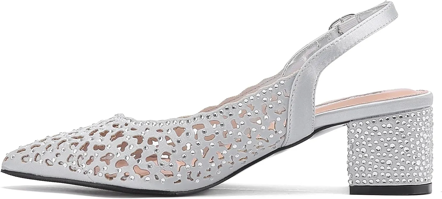 DONNA Rhinestone Satin Block Heel Slingback