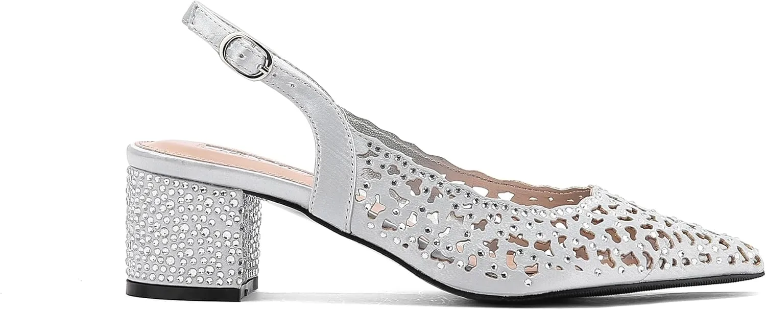DONNA Rhinestone Satin Block Heel Slingback
