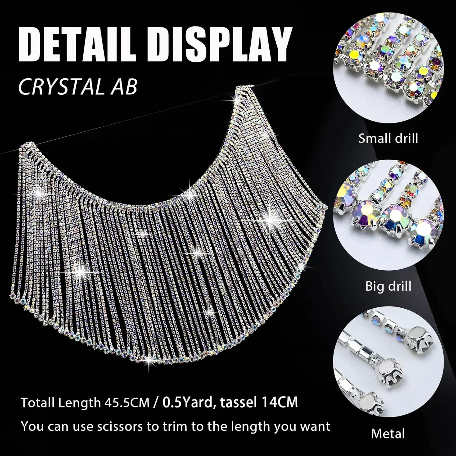 Dowarm 0.5 Yard Rhinestone Fringe Trim, Crystal AB Fringe Chain Trim, Long Tassel White AB Crystal Trim for Crafts Clothes Bridal Bouquet