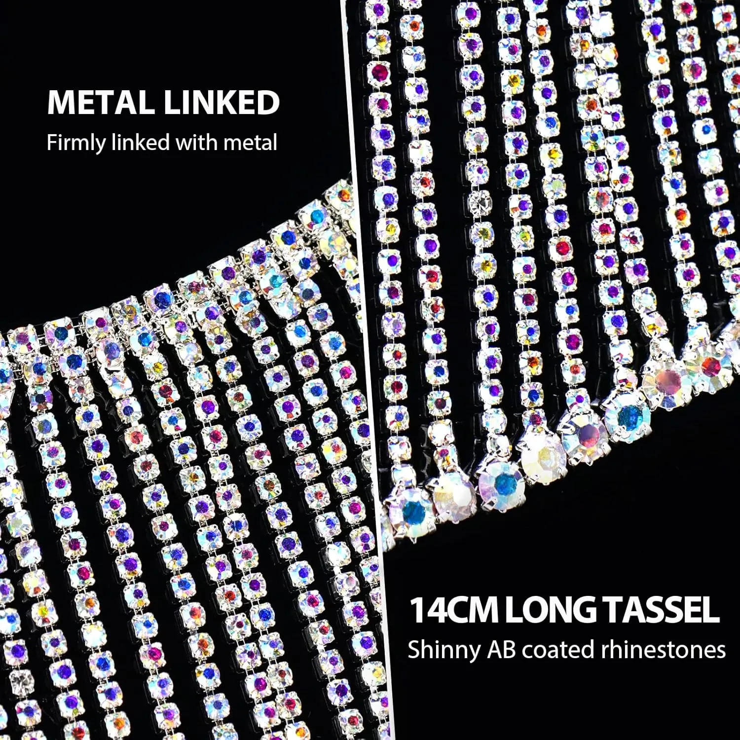 Dowarm 0.5 Yard Rhinestone Fringe Trim, Crystal AB Fringe Chain Trim, Long Tassel White AB Crystal Trim for Crafts Clothes Bridal Bouquet