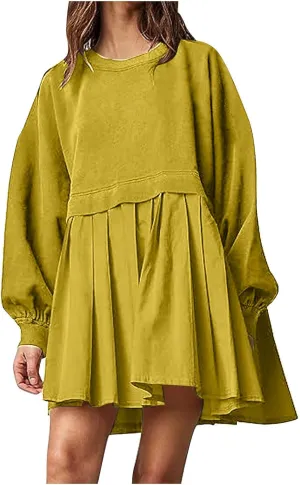 Dresses for Women 2024 Casual Fall Long Sleeve Patchwork Sweatshirt Dress Loose Flowy Swing Mini Dress Preppy Clothes