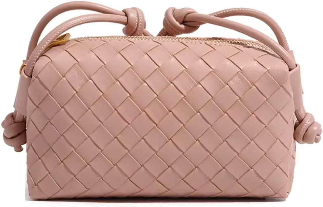 E&M's Woven Crossbody Camera Bag, Small Leather Purse with Adjustable Strap, Cofee color
