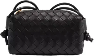 E&M's Woven Crossbody Camera Bag, Small Leather Purse with Adjustable Strap, Cofee color