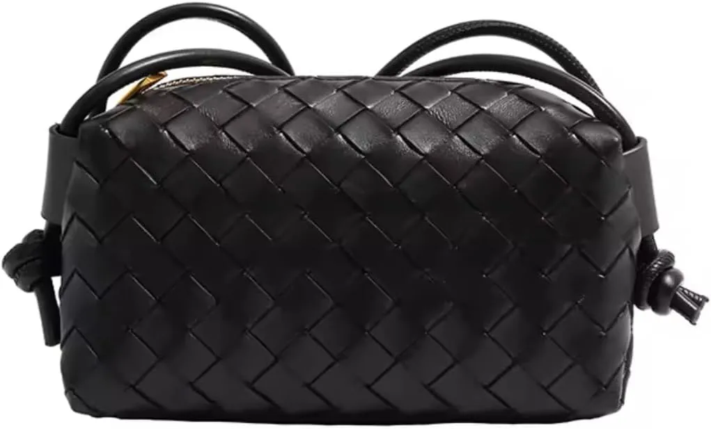 E&M's Woven Crossbody Camera Bag, Small Leather Purse with Adjustable Strap, Cofee color