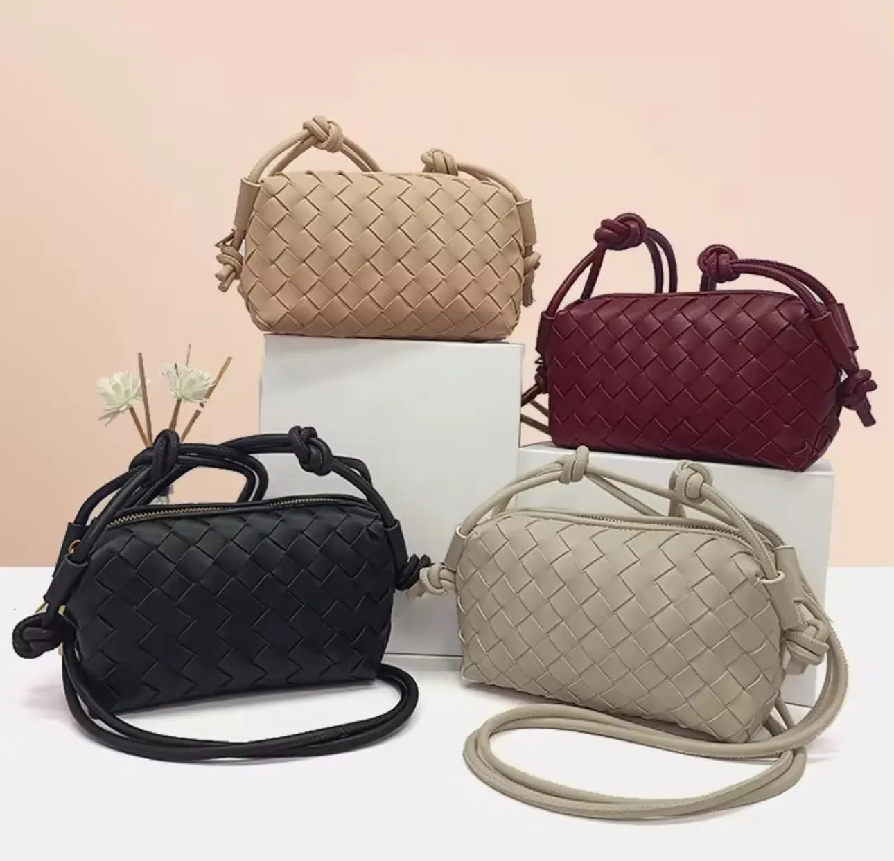 E&M's Woven Crossbody Camera Bag, Small Leather Purse with Adjustable Strap, Cofee color